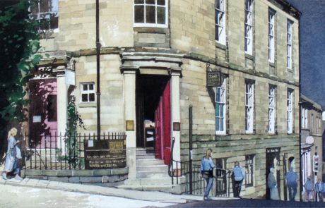 Saddler Street to the right of the painting at one time boasted a castelated gateways protecting the entrance to the Cathedral quarter, a remnant of which can be seen behind an obscure doorway off the main street.
