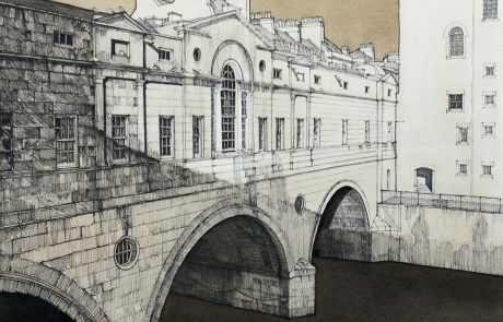 Crossing the river Avon, Pulteney bridge designed by Robert Adam was completed in 1773. It is one of only four bridges in the world having shops across the full span on either side of the bridge thoroughfare.