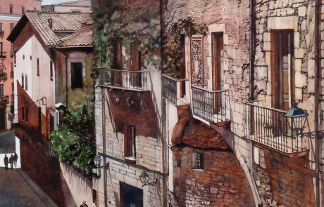 This is the wonderful view with our backs to the  door of St Marti Sacosta. It gave immense pleasure to paint the ancient and somewhat crumbling stonework to the buildings either side of the steps and the people enjoying lunch at the restaurant below.