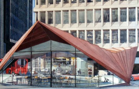My wife and I came across this bistro while mooching about London early in 2019. It's stunning roof is formed in COR-TEN steel. The thin layer of rust which forms on exposure to the elements, actually protects the steel underneath. We couldn't resist stopping off for a coffee and observing locals playing chess within. It's only my second painting of a London scene, but I greatly enjoyed capturing the reflections in the windows of the surrounding buildings and the transparency of the bistro itself.