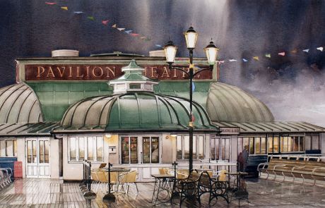 Stuart was shortlisted in the 2013 Sunday Times Watercolour Competition for this painting depicting a violent storm breaking over Cromer pier Norfolk. During the storm 'day became night' and Stuart and his wife Anne were soaked through to the skin in the deluge of rain.