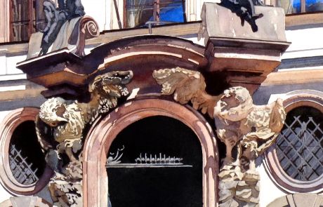 This former palace, situated on
the hill below Prague Castle, is now the
Italian Embassy.
The painting is one of two shortlisted in the 2016 Sunday Times Watercolour Competition.

