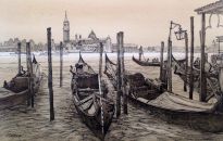 San Giorgio Maggiore the 16th century Benedictine Basilica is viewed from one of the numerous gondola stations serving tourists visiting Piazza San Marco. The church was designed by Andrea Palladio, and built between 1566 and 1610 in the classical renaissance style.