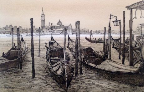 San Giorgio Maggiore the 16th century Benedictine Basilica is viewed from one of the numerous gondola stations serving tourists visiting Piazza San Marco. The church was designed by Andrea Palladio, and built between 1566 and 1610 in the classical renaissance style.