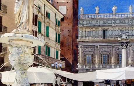 The centerpiece of this beautiful square is this fountain built in 1368 by Cansigorio della Scala, which is surmounted by a statue called Madonna Verona. The statue is in fact Roman dating to 380 AD.