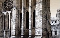 In reality this view is obscured by trees. The towers of the north transept would therefore not be visible without the judicious application of 'Artistic Licence'.