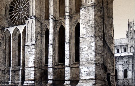 In reality this view is obscured by trees. The towers of the north transept would therefore not be visible without the judicious application of 'Artistic Licence'.