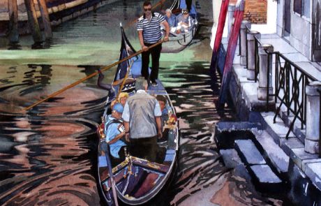 Passengers of a gondola being entertained by a singer and his accordionist.
