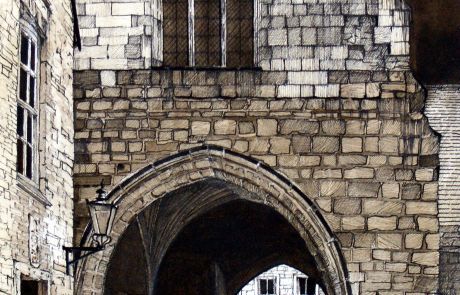 The ancient medieval arched entrance to the College an area behind the Cathedral which is the home of the clergy and the Chorister School. Part of the 2014 Durham Cathedral Exhibition.