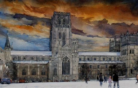 Visitors linger on the snow covered green as light fades.